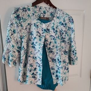 Kim Rogers Teal and White Floral Blouse